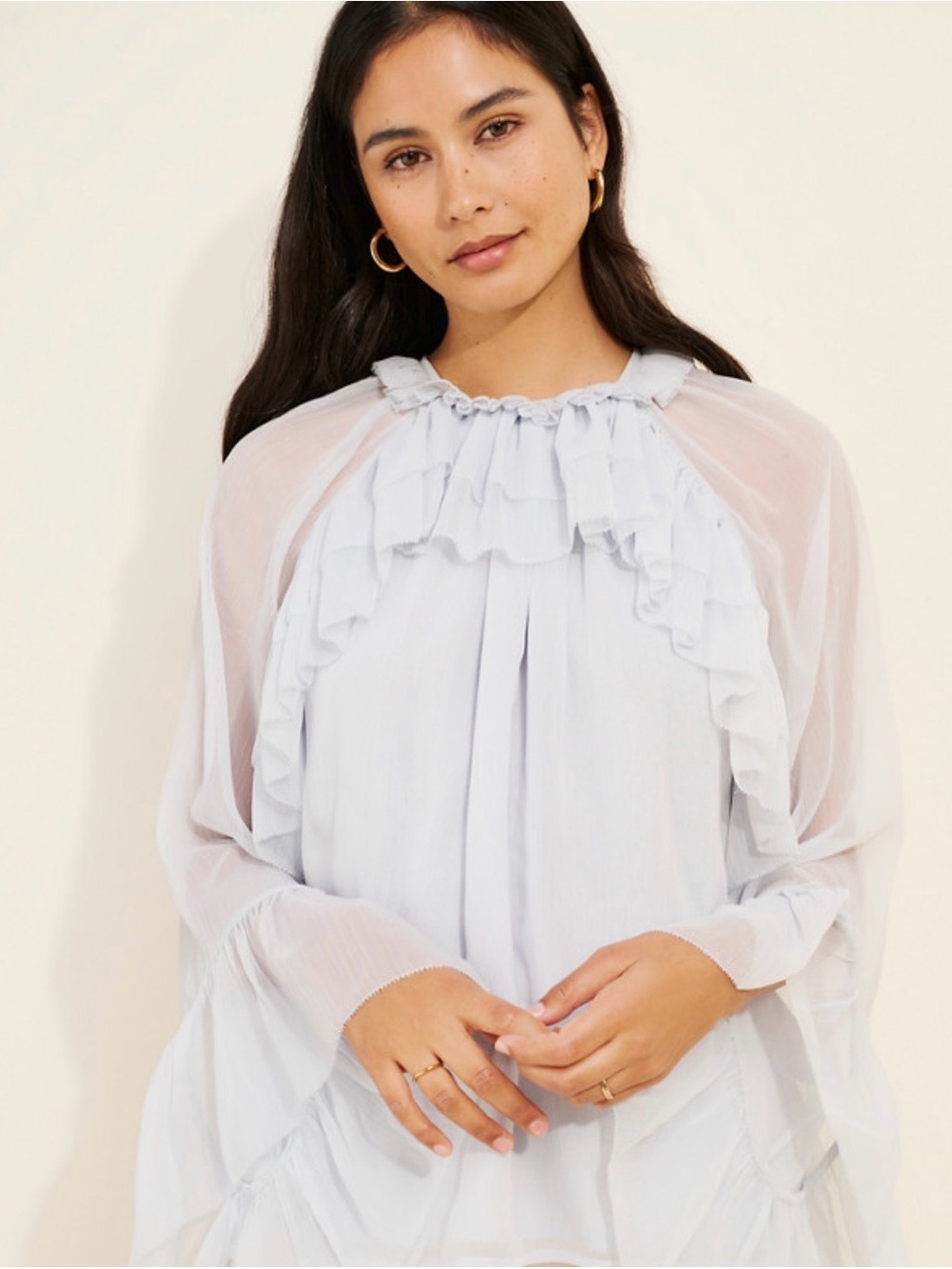 Soft Light Blue Ruffle-Neck Women's Blouse